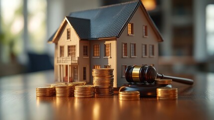 A miniature house, coins, and a gavel representing real estate investment concepts.