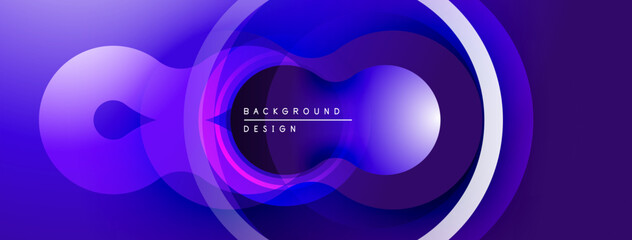 Abstract purple design features overlapping circles, gradients. Modern, dynamic composition creates visual interest. Minimalist aesthetic.