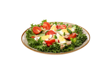 PNG salad with tuna in a ceramic plate, isolated on white background.