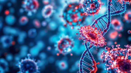 DNA strand intertwining with cancer cells dividing in dynamic scene