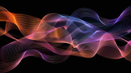 Abstract colorful waves on a black background with orange purple and blue hues in a flowing pattern
