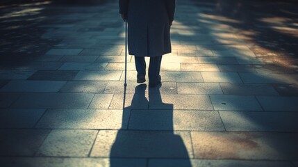An older person walking with a cane, casting a long shadow on a sunlit pathway.