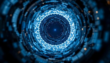 Obraz premium abstract digital tunnel with glowing blue and white concentric rings, futuristic cyber background,concept 