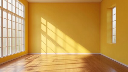Obraz premium Empty room with large windows, sunlight, yellow walls