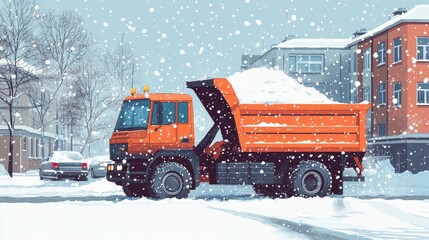 Dump truck clearing snow in a city street during winter snowfall.