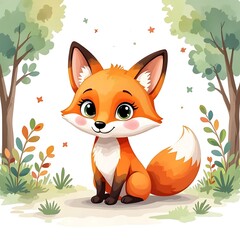 Fototapeta premium A cartoon fox sitting in a forest clearing with trees and scattered leaves around it