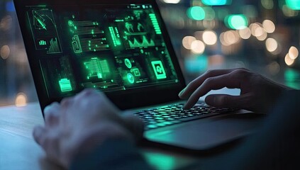 Person working on a laptop at night with glowing green data visualizations