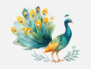 Fototapeta premium Striking watercolor peacock displaying its iridescent feathers against a simple white background