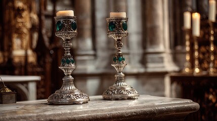 Obraz premium Ornate Silver Candle Holders with Green Gems on Marble Altar in Cathedral