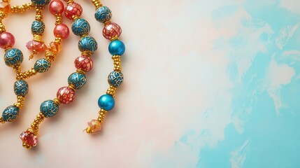 Colorful beaded necklace on pastel background.