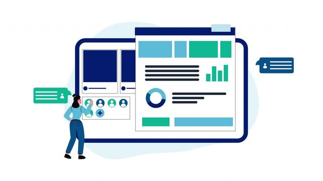 Teamwork animation analyzing website data on a dashboard. Suitable for web development or business teamwork themes.