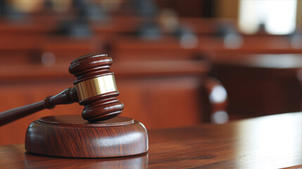 Close-up of a gavel resting on a wooden bench in a courtroom, symbolizing justice, legal decisions, and courtroom authority. Concept of law, order, and judicial system.	