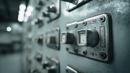 Industrial switchboard with metallic textures, directional lighting and blurred background, showcasing precision and robust engineering.