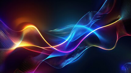 Abstract glowing lines and dots flowing in a wavelike pattern on a dark gradient background design