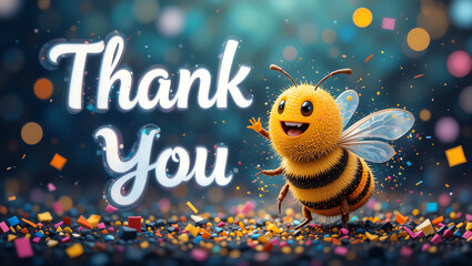 A cheerful cartoon bee surrounded by colorful confetti and the words 'Thank You', conveying gratitude and celebration.