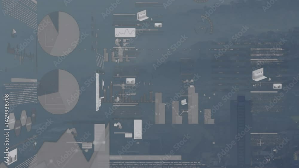 Poster interactive data dashboard displaying pie charts, stacked bar graphs and line charts over cityscap