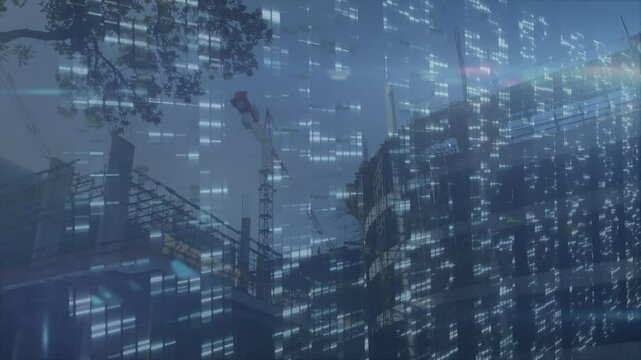 Concrete framework being built in foggy digital construction zone, tower cranes streaming overlays
