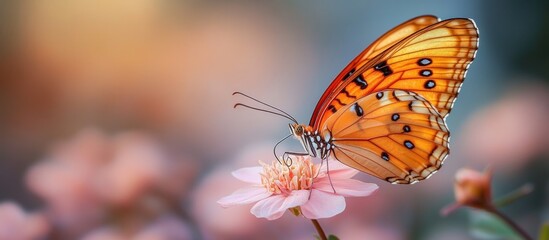 Obraz premium Orange butterfly on pink flower, soft background