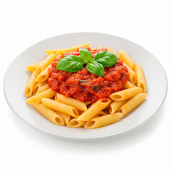 Penne pasta with tomato sauce and basil on a white background.