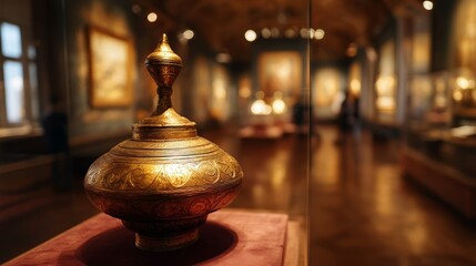 Ancient golden artifact on velvet pedestal, intricate details in soft light, evoking timeless elegance and mystery.