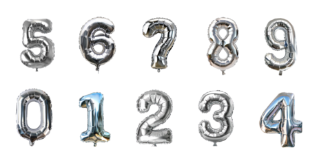 Collection of Silver Foil Balloon of digit number 0 to 9 isolate on transparent background