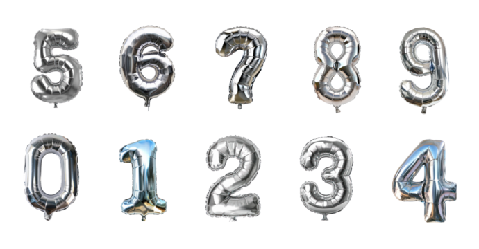 Collection of Silver Foil Balloon of digit number 0 to 9 isolate on transparent background