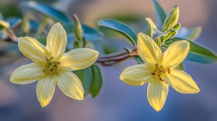 Obraz premium Two Pale Yellow Flowers Blooming on Branch Sunlight