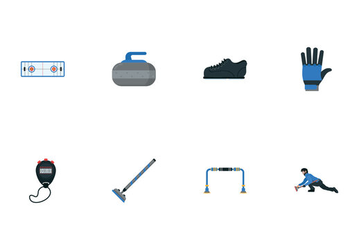 Colorful Winter Curling Equipment Icons Set