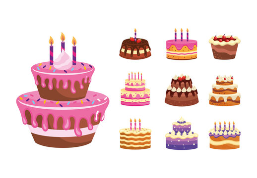 Pink Purple Yellow Layered Birthday Cakes Icons Set