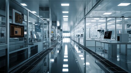 Naklejka premium Modern, sterile, industrial facility with polished floor and glass partitions.