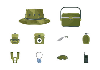Green Combat Survival Army Equipment Icons Set