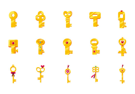 Gold Decorative Cartoon Vintage Key Icons Set