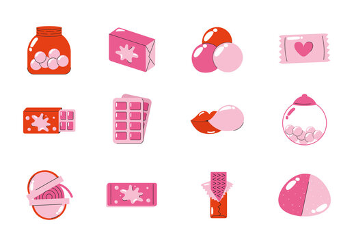 Pink And Red Bubble Sweet Chewing Candy Icons Set