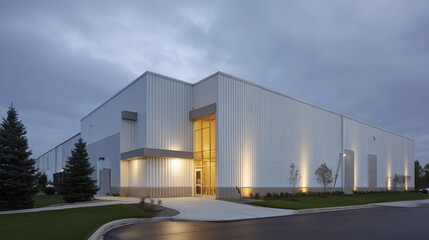 Modern industrial facility with clean lines and soft lighting, showcasing efficiency and contemporary design.