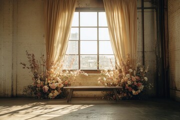 Interior scene featuring a large window and floral arrangements on either side