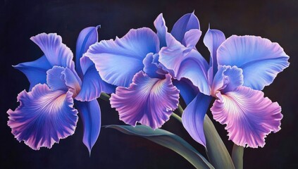 Plakat Delicate orchids in shades of violet and periwinkle, close-up. Vibrant blooms with intricate details, displayed against a dark backdrop