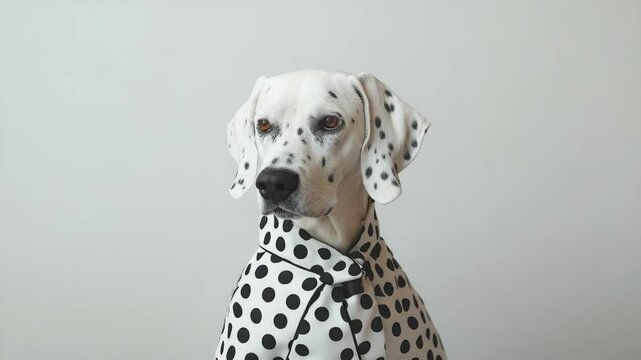 Dressed Dalmatian dog in polka-dot outfit