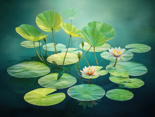 Tranquil koi pond with graceful water lilies and lush lily leaves floating calmly on the surface of the still water