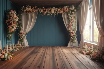 Beautifully Decorated Room Featuring Flowers Drapes Candles and Wooden Floor