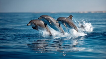Fototapeta premium Three dolphins leaping from the ocean surface, displaying their sleek bodies and agility.