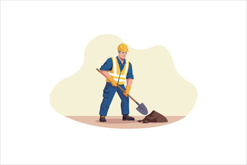 A construction worker is using shovel for scooping the crushed rock.