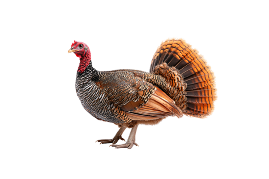 Elegant turkey stands tall, its body striped in patterns, tail fanned in warm orange and black, isolated on a transparent background