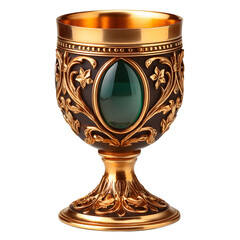 Ornate Gold Chalice with Emerald Gemstone, Transparent Background
