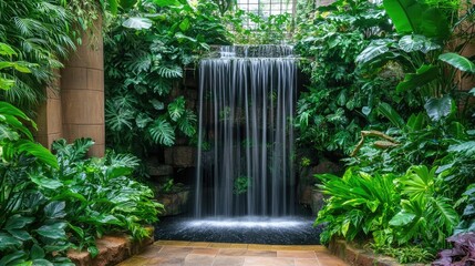 Lush indoor waterfall garden oasis.