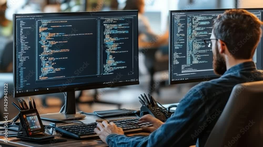 Poster programer working on a computer at a desk in an office setting