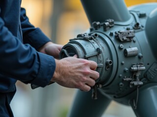 A skilled worker delicately adjusts a wind turbine blade mold, with soft natural light enhancing the intricate details of the task.