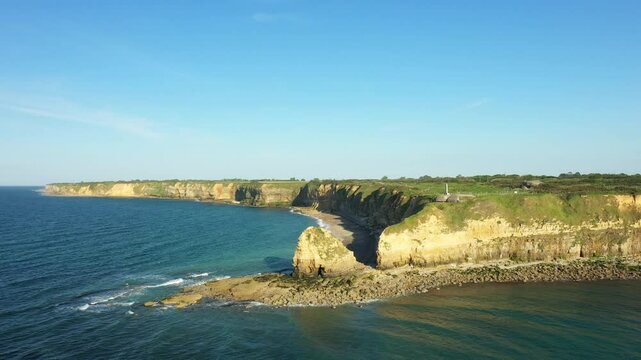 The landing beach seen from Pointe du Hoc in Europe, France, Normandy, towards Carentan, in spring, on a sunny day.&nbsp;