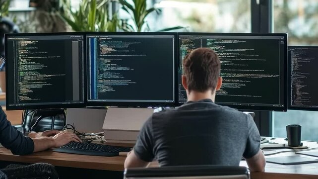 Programer working on a computer at a desk in an office setting