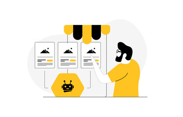 User interacts with chatbot powered by AI agents for personalized shopping, enhancing customer experience, personal product recommendation and e-commerce support. Smart assistant vector illustration