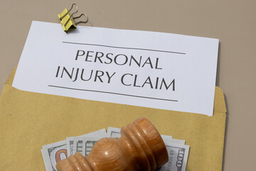 Legal Compensation: Personal Injury Claim and Money on Wooden Desk